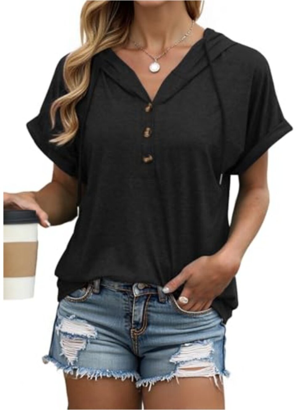 Oversized Rolled Short Sleeve Summer Hoodie T-Shirt with Button Down Henley